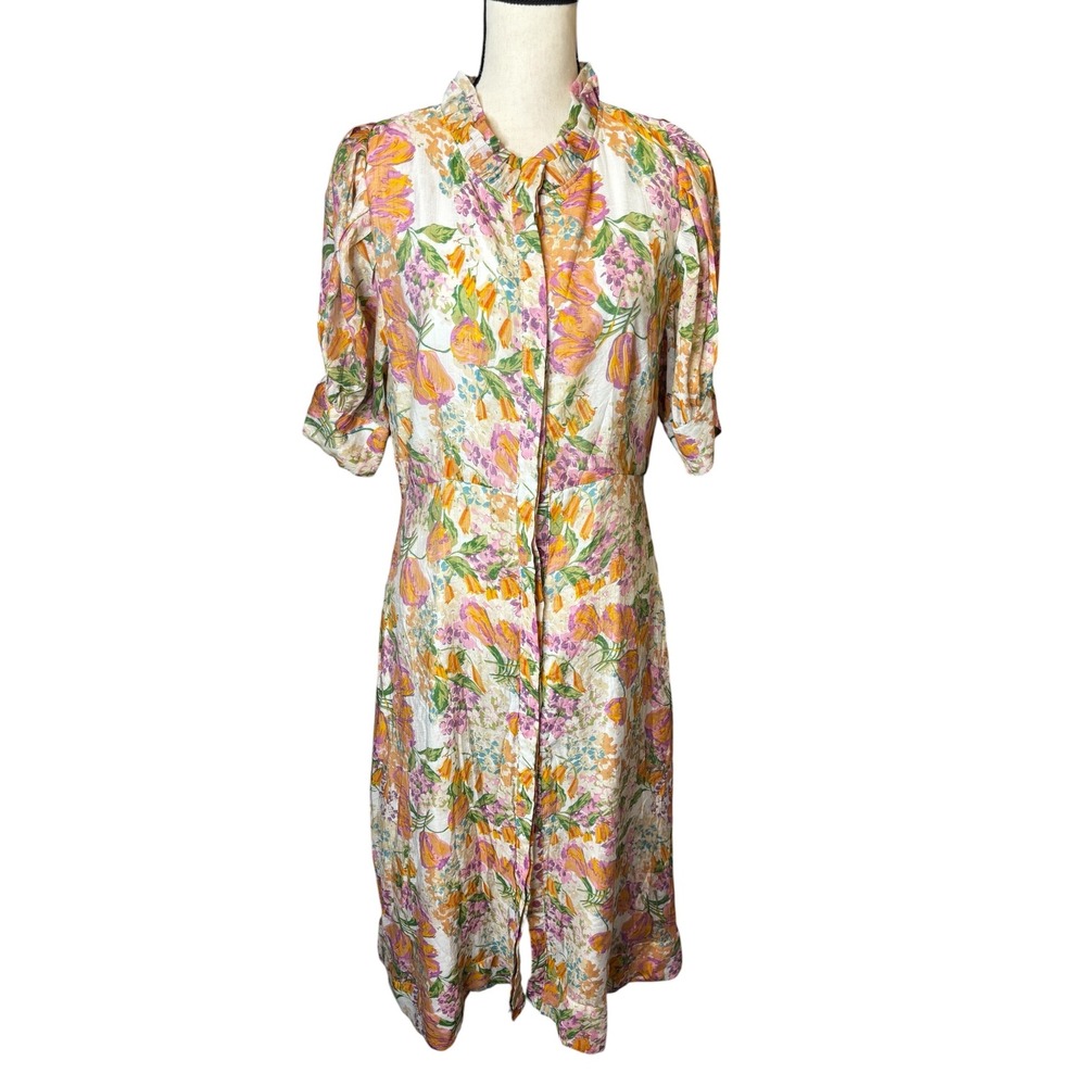 Buru Floral Ruffle Collar Midi Dress Orange Purple Heart Lining Large